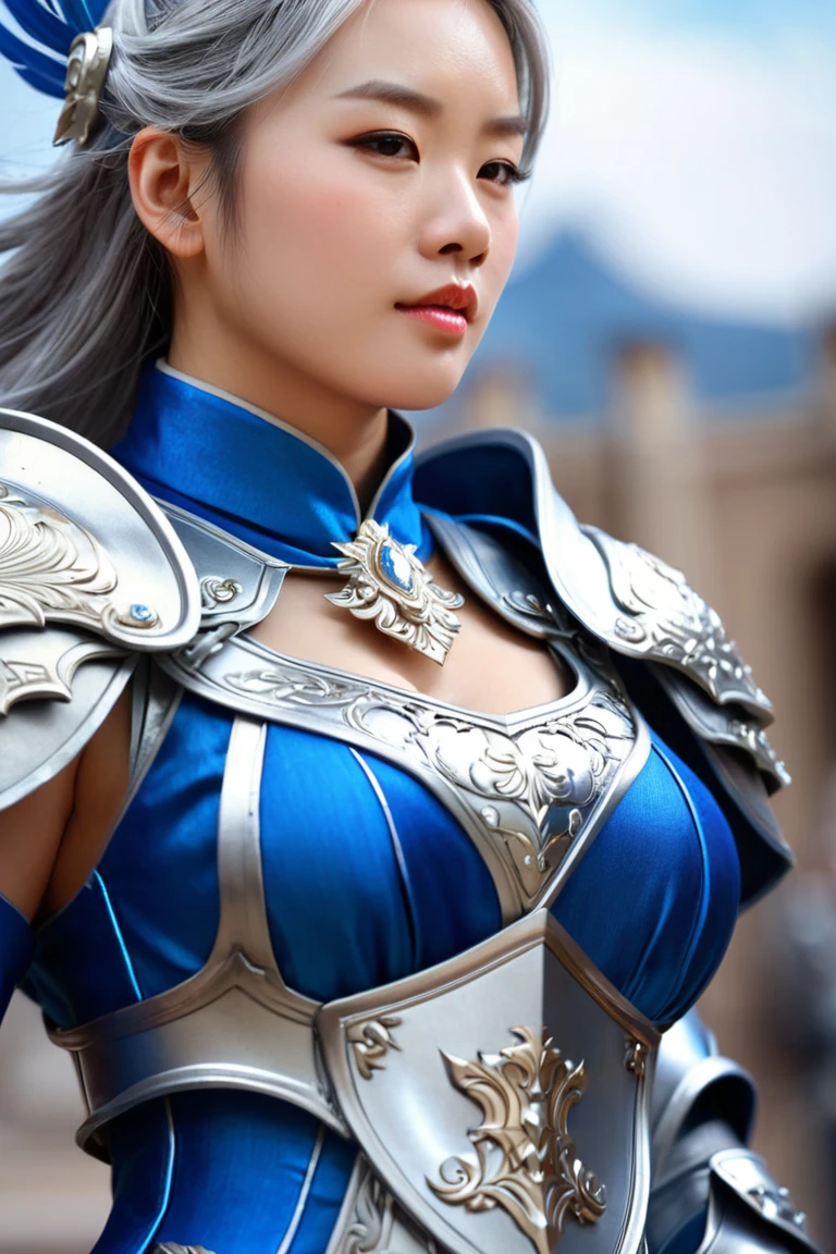 A close-up of a woman in a silver and blue dress, chengwei pan en artstation, by Yang J, detailed fantasy art, Stunning character art, Fanart Best ArtStation, epic exquisite character art, beautiful armor, extremely detailed Artgerm, Detailed anime digital art, Artgerm and ArtStation Pixiv, girl in armor