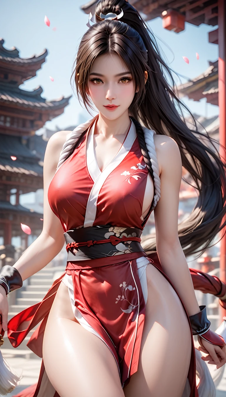 score_9, score_8_up, score_7_up, masterpiece, ultra detailed, 1 female, realistic,ntpn,solo, Japanese, Kunoichi dress, Mai Shiranui sexy cosplay