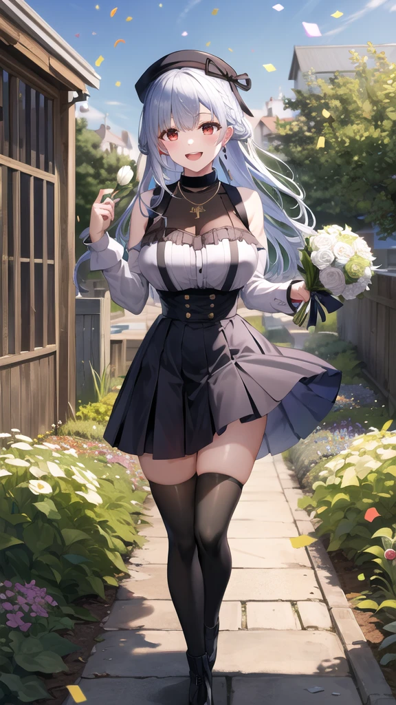 masterpiece, best quality, highres, hmhy1, hat, black thighhighs, suspender skirt, jewelry, necklace, long sleeves, large breasts, wedding dress, standing, garden, confetti, holding bouquet, smile, open mouth,