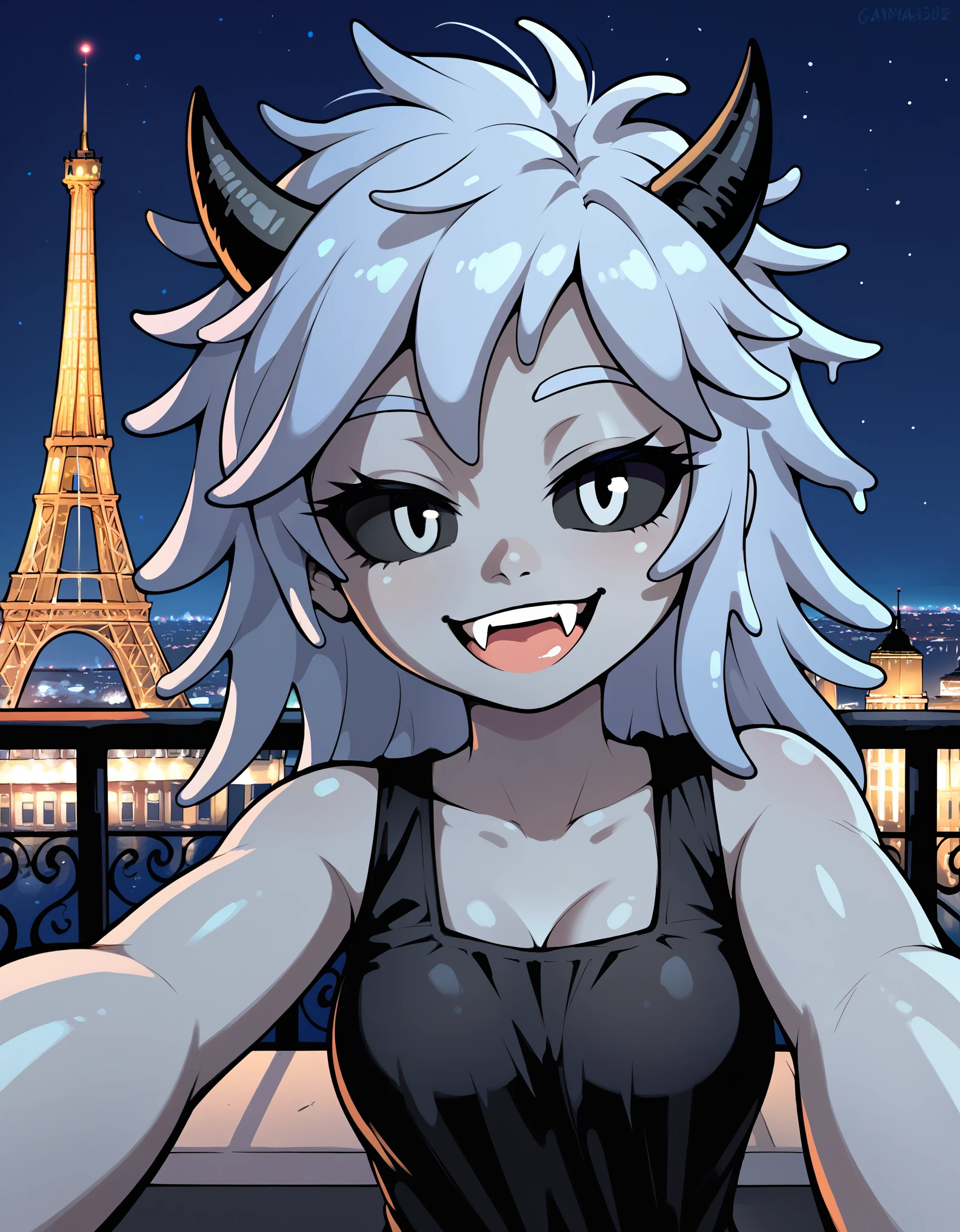 score_9, score_8_up, score_7_up, 1girl, gray skin, slime girl, messy hair, hair spikes, horns, black eyes, black sclera, selfie, fangs, paris, outside, at night, france, detailed, dynamic, cute, black dress