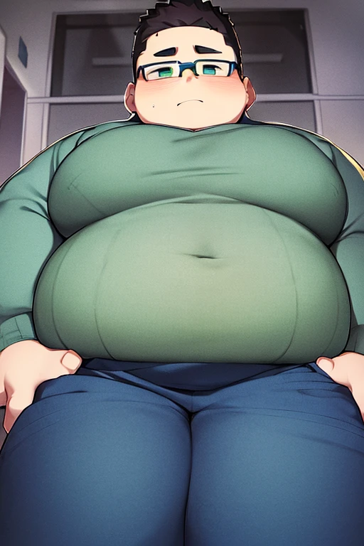 obese teenage boy, round face, belly hanging from the abdomen, wide thighs, big butt, green eyes, , , grey sweater with blue horizontal stripes, fitted jeans, wearing glasses, wearing earrings, carrying a chocolate in his hand, embarrassed face, blushing, in a school hallway, ugly boy, big handle cock