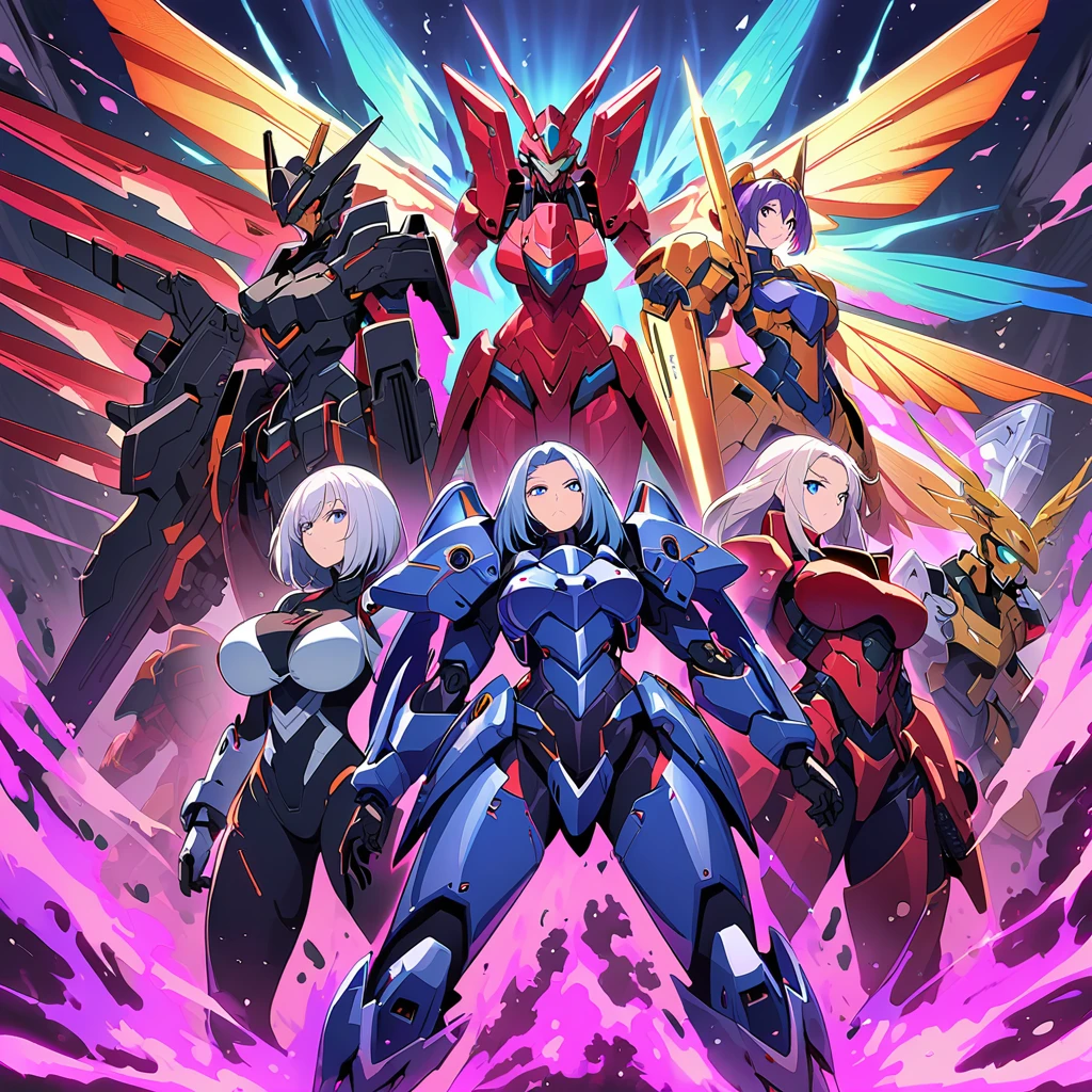 Anime, high detailed, multiple womans, mature womans, mecha armor, large mechanical wings, large Gauntlet, large shield in arm, serious, curvy body, long mechanical wings, mecha weapons、Colored armors、magenta Colored aura、BLUE Eyes, elongated pupils,  Mature Woman、magenta aura、womans surrounding, background in the space 