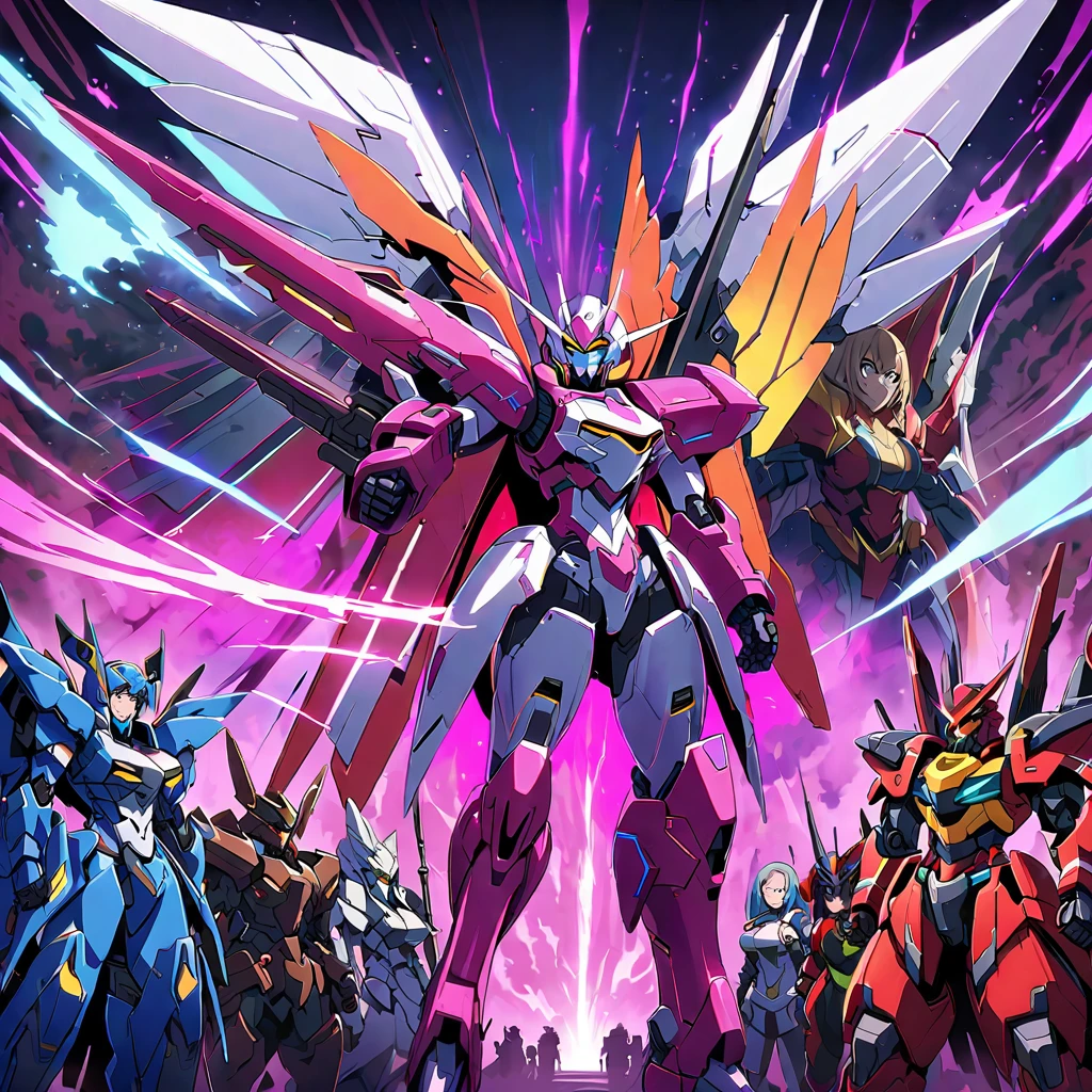 Anime, high detailed, multiple womans, mature womans, mecha armor, large mechanical wings, large Gauntlet, large shield in arm, serious, curvy body, long mechanical wings, mecha weapons、Colored armors、magenta Colored aura、BLUE Eyes, elongated pupils,  Mature Woman、magenta aura、womans surrounding, background in the space 