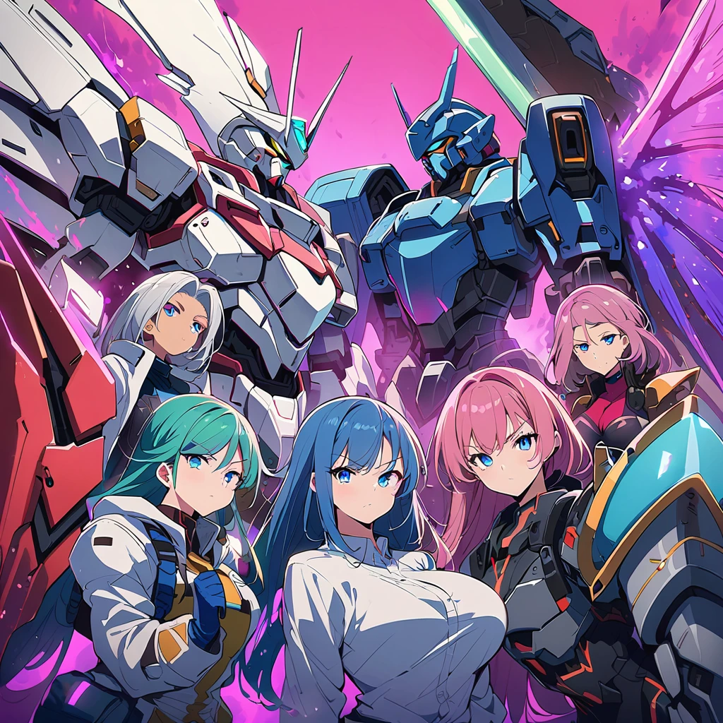 Anime, high detailed, multiple womans, mature womans, mecha armor, large mechanical wings, large Gauntlet, large shield in arm, serious, curvy body, long mechanical wings, mecha weapons、Colored armors、magenta Colored aura、BLUE Eyes, elongated pupils,  Mature Woman、magenta aura、womans surrounding, background in the space 