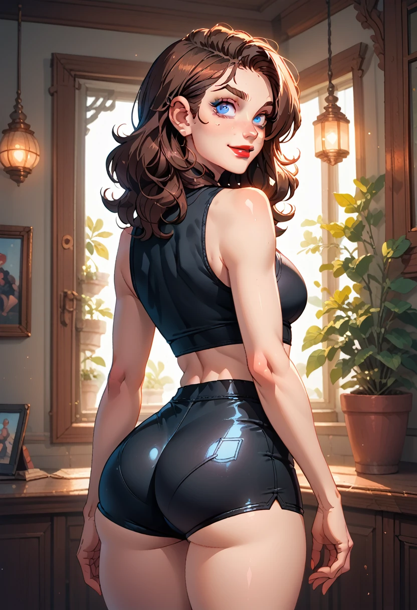  Animated female character ,  curvy body,  , pale skin, Round rosto, gentle smile, thin eyebrows,  ((wearing very tight white Lycra shorts and black top)),((wearing ultra tight shorts)), fitted shorts,   red lips, long brown hair, blue eyes, , ass view, ((Show your ass)), ((back view)), photo from behind, keep the same proportions, showing thighs,  Whole body, ,Lighting perfeita, ambient light, colorfully,