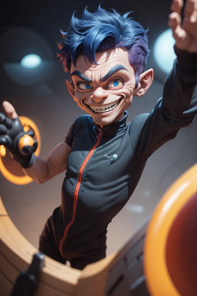 3/4 view, close-up, caricatured cartoon alien, dark tone, smiling widely and waving his arms dynamically, with a creepy wide smile, with short and red-blue hair, comical film, Pixar-Disney cartoon style. Lots of details. Photorealistic, cinematic. Blurred background, slight haze