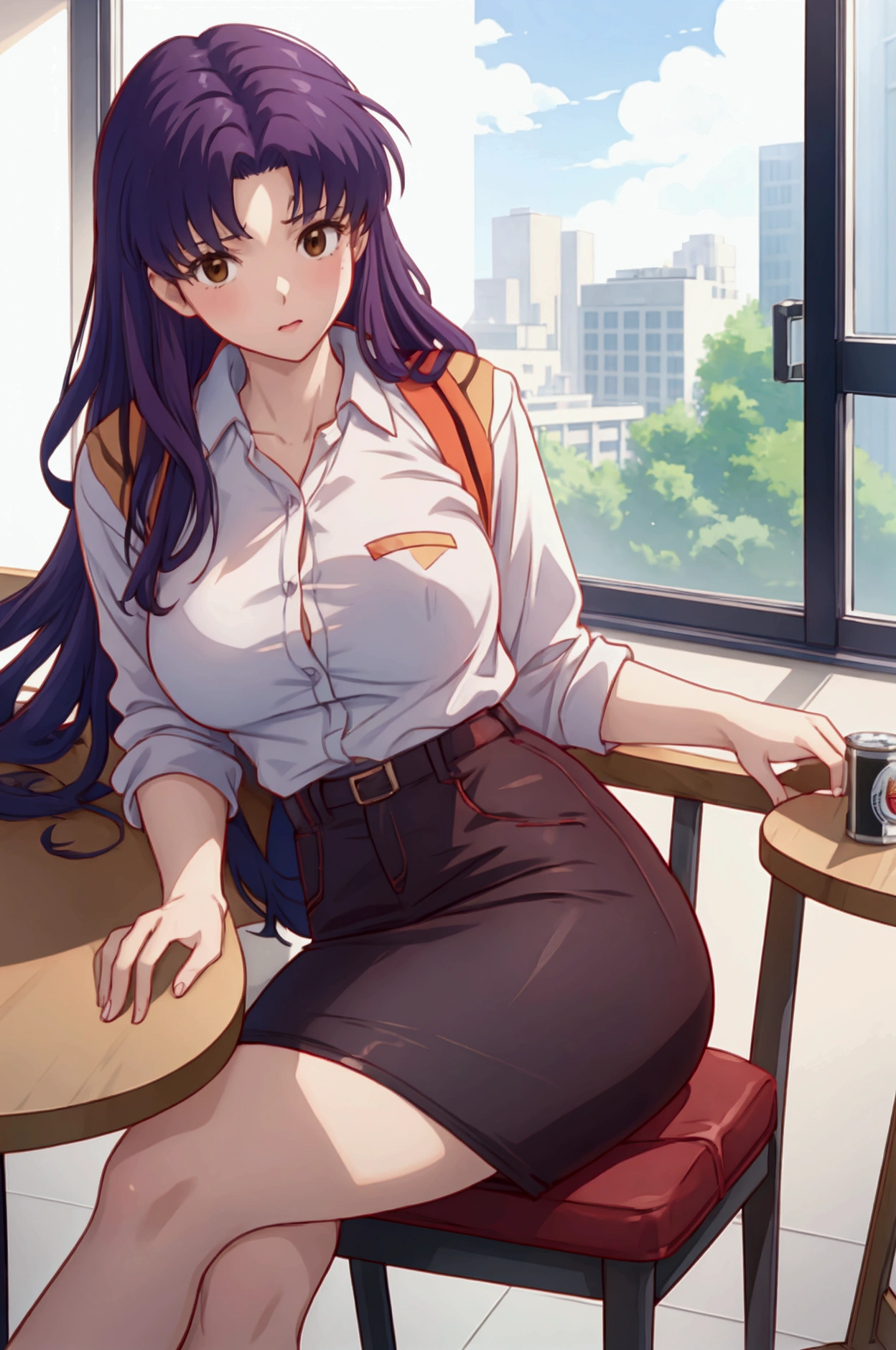 ( masterpiece ),(The best quality), Misato Katsuragi,  brown eyes costume, gather, C1 girl , clothes , office lady, pencil skirt, skirt , miniskirt, skirt lift,  inner bus , crew,  several ren,,  masterpiece , The best quality,  Highly detailed, table, chair, session, can, beer can, windows,  crossed legs , You can see panties between your legs , sexy