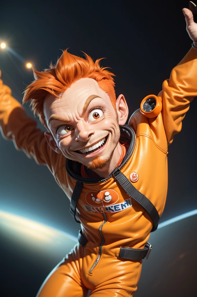 3/4 view, close-up, caricatured cartoon alien in orange spacesuit, dark tone, smiling widely and waving his arms dynamically, with a creepy wide smile, with short and red-blue hair, comical film, Pixar-Disney cartoon style. Lots of details. Photorealistic, cinematic. Blurred background, slight haze.