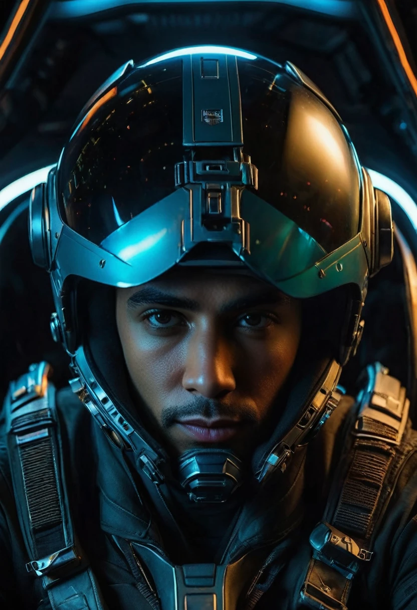 hyperrealistic and intricate detail portrait of pilot with futuristic full face covered helmet| sitting in futuristic cockpit| sci fi armor| looking at camera| cyberpunk| bioluminescent| centered| cinematic| sharp focus| depth of field| cinematic lighting 
