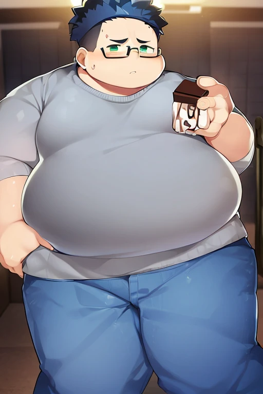 obese teenage boy, round face, belly hanging from the abdomen, wide thighs, big butt, green eyes, , , grey sweater with blue horizontal stripes, fitted jeans, wearing glasses, wearing earrings, carrying a chocolate in his hand, embarrassed face, blushing, in a school hallway, ugly boy, big handle cock