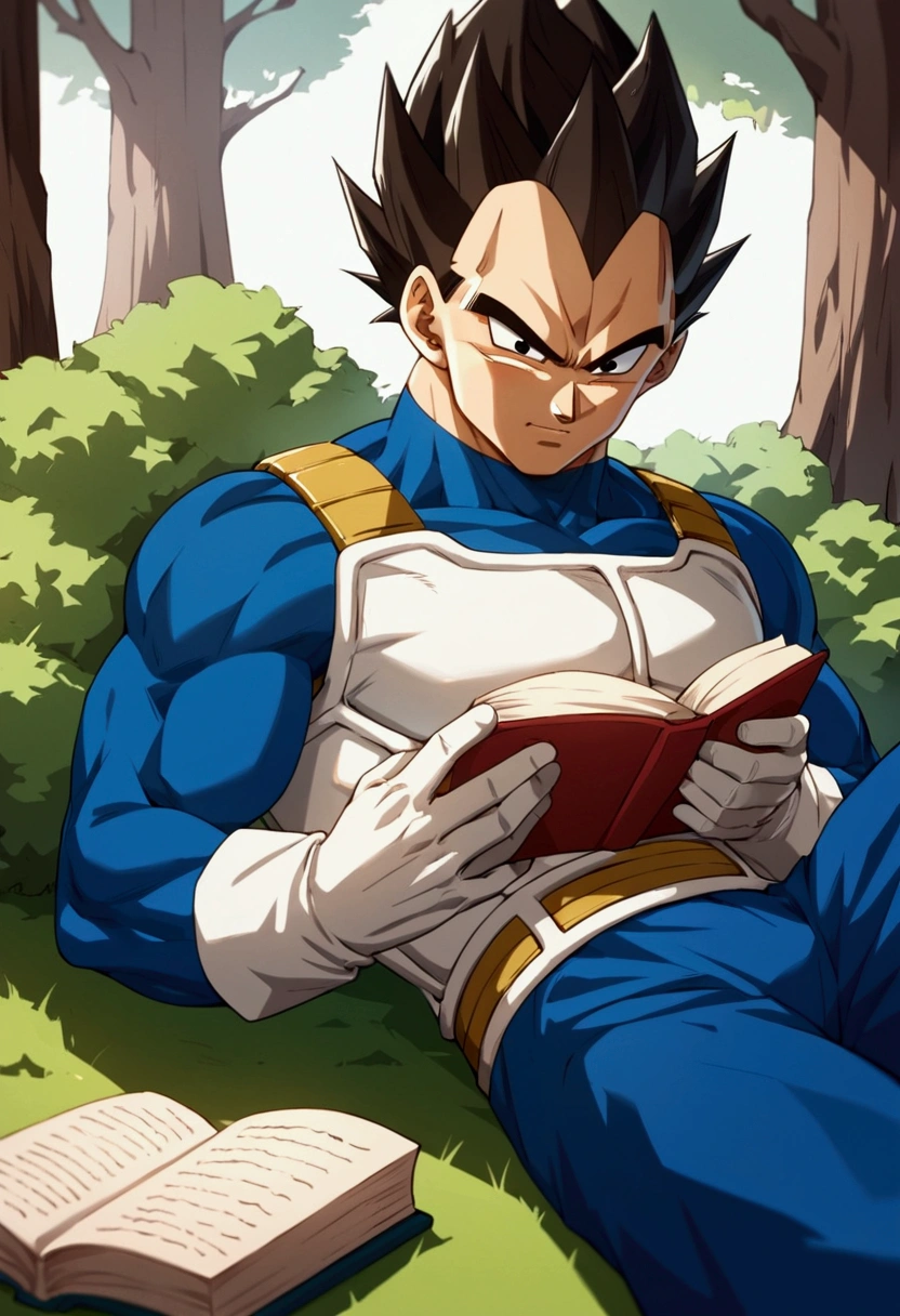 (score_9,score_8_up,score_7_up), source_anime,best quality,masterpiece,anime, Vegeta, with his typical hair, male, black hair, black eyes, spiky hair, lying under a tree reading a book, masterpiece, the best possible quality, very good quality details of the landscape and the character, natural lighting, using white gloves