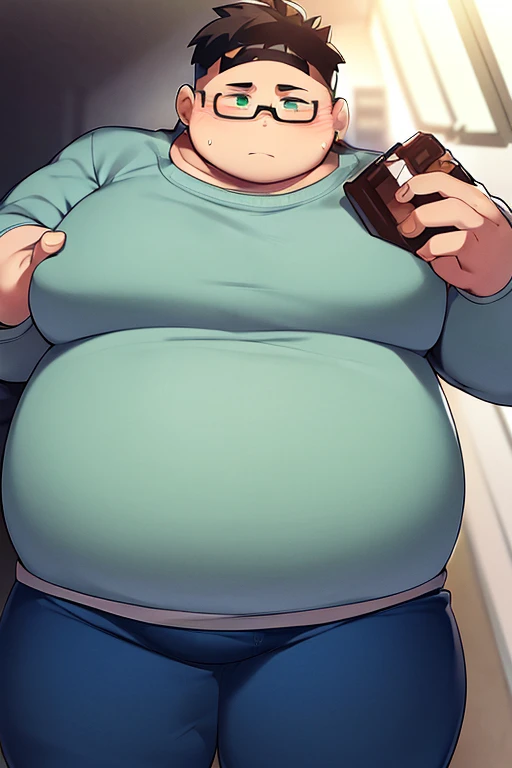 obese teenage boy, round face, belly hanging from the abdomen, wide thighs, big butt, green eyes, , , grey sweater with blue horizontal stripes, fitted jeans, wearing glasses, wearing earrings, carrying a chocolate in his hand, embarrassed face, blushing, in a school hallway, ugly boy, big handle cock