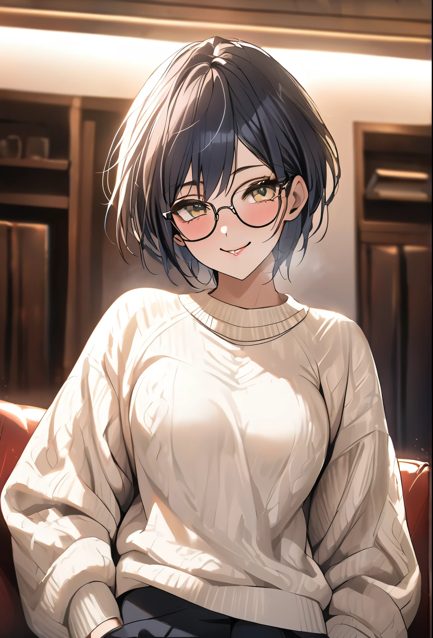 ((masterpiece,High resolution,Highest quality))
(Mature 2,One Light-skinned woman,Very small waist,Big breasts)(erection atmosphere,Seductive eyes)(Dark Blue Short Hair Tomboy Hair Really short bob cut, Light Yellow eyes, Sharp Eyes)(Comfortable white sweater, Black Glasses, smiling, in the couch)1girl, Bob Cut,