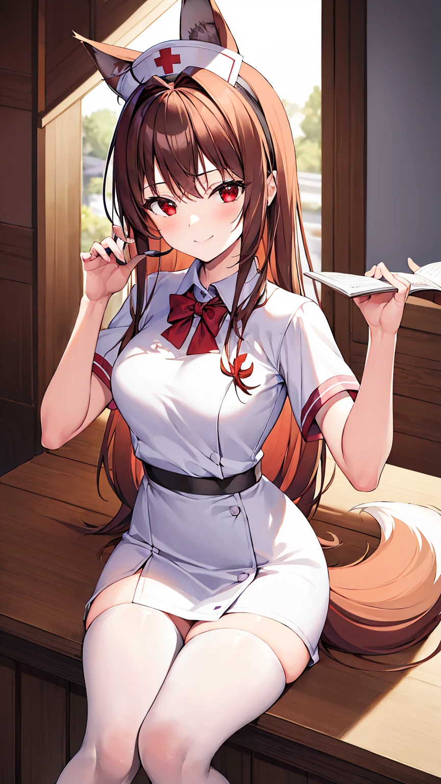 (masterpiece, Best quality at best, A high resolution), 1 girl, Alone, Oversized fox tail，Red-eyed，animal ears，(Brown hair long)，Small flower headdress，modern architecture，A MILF，In the school infirmary_Play the role of a nurse，Sit on a small stool，Wearing a white nurse's uniform_White stockings，Hold a notepad，smile