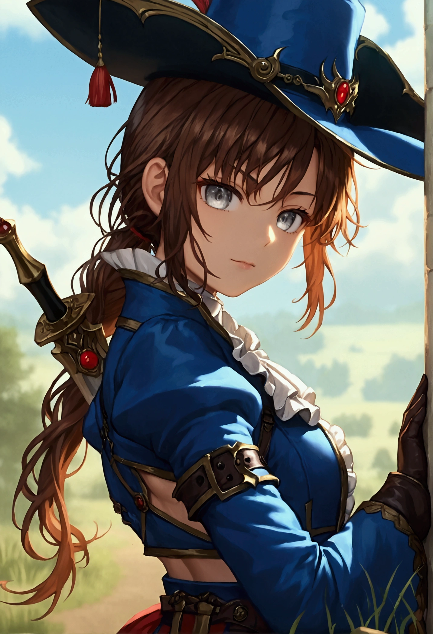 score_9, score_8_up, score_7_up, masterpiece, high res, detailed face, detailed eyes, anime screencap, 1 girl, solo, grim, sword duel pose, tall, slender, brown hair. forehead, grey eyes, long hair, blue outfit, short skirt, musketeer hat, red plume, white collar, bare legs, gloves, outdoors, (((full body shot)))