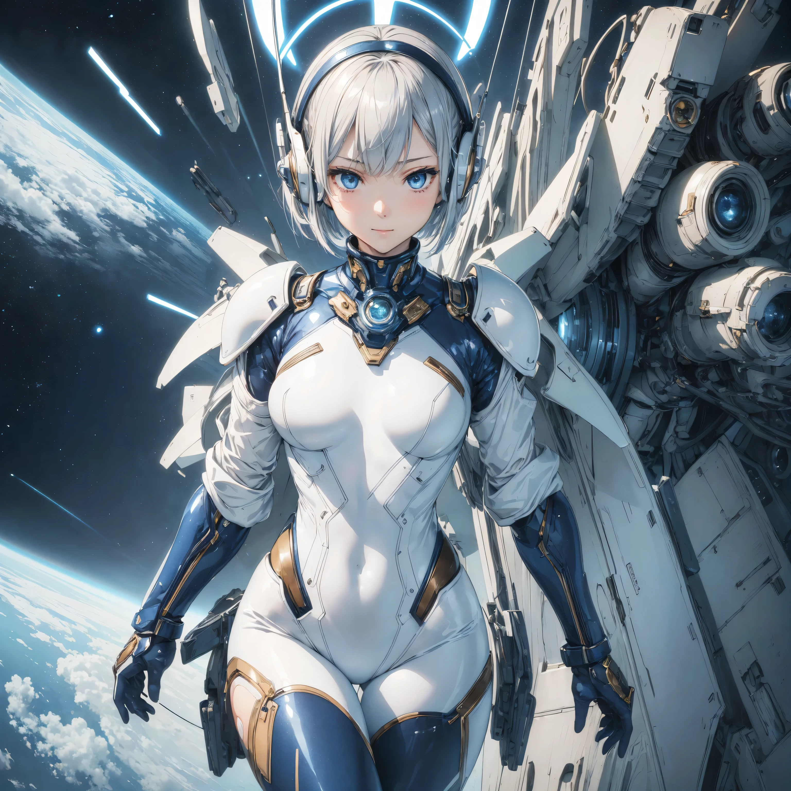 (masterpiece、Best Quality、 highest resolution 、Clear_image、Detailed details): (Whole body、A 20 year old girl、Japanese Faces、 small face、 slender、Navy blue super short bob cut hair、(Hidden small breasts:1.3)、 Sparkling Blue Eyes 、Shiny pilot suit in white, blue and black colors、Chest protection armor、Tight fitting clothes、Clothing that covers the whole body、Glamorous clothes、Tight Fit Pants、Hide your skin、 Extremely delicate and beautiful 、Detailed Skin、Hide your thighs、Hide your ass、Cute、A gentle smile、Soft expression、heroine、 headset、 long boots for stepping on bread、Elbow-length gloves、 eye level shot 、Peace talks between warring factions,attention arousal, Clever Blue Eyes,Face directly、Woman on a spaceship)