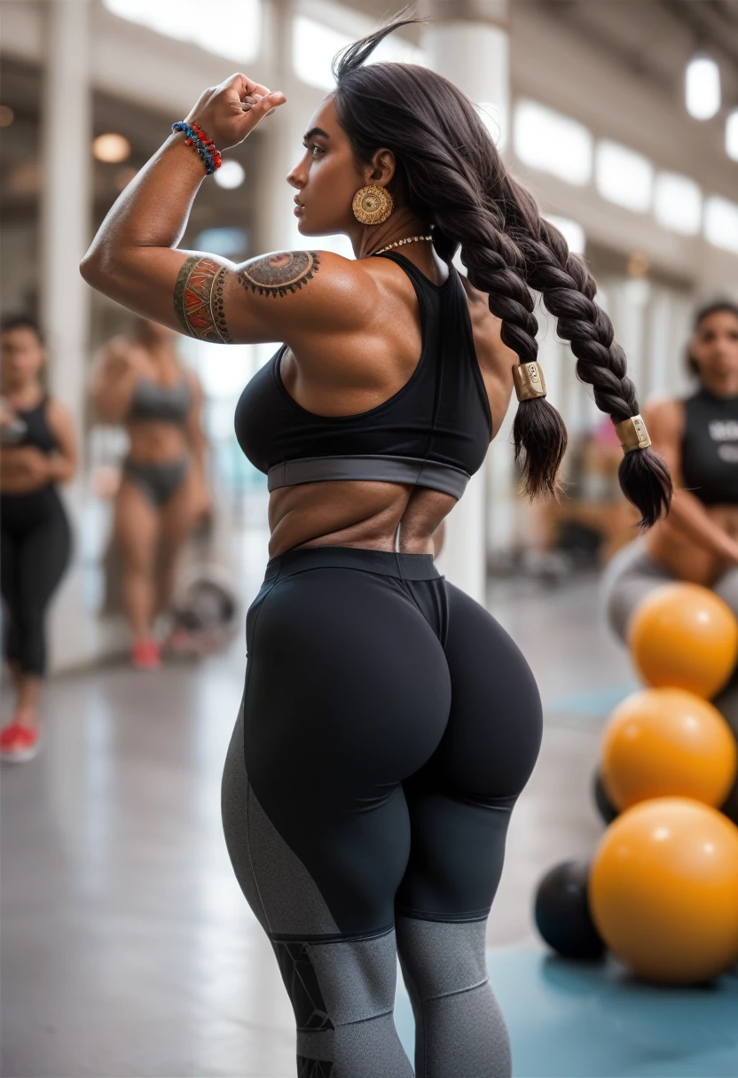 A 35mm photorealistic bokeh shot of Illari, a muscular woman, black braided hair Latina, showing off butt and thighs, wearing a black sports bra and grey yoga leggings, Aztec tattoos and jewelry. Instagram booty girl