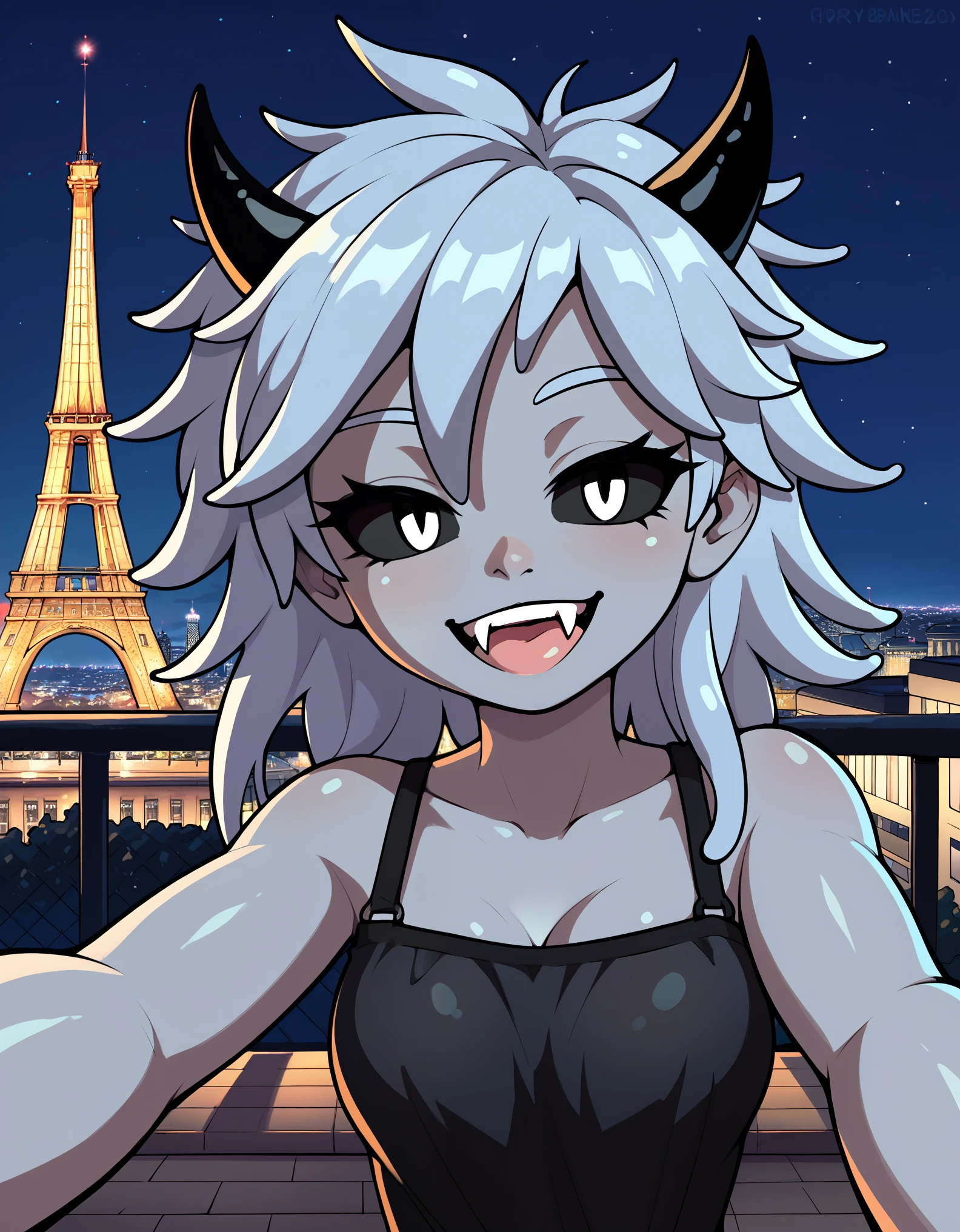 1girl, gray skin, slime girl, messy hair, hair spikes, horns, black eyes, black sclera, selfie, fangs, paris, outside, at night, france, detailed, dynamic, cute, black dress