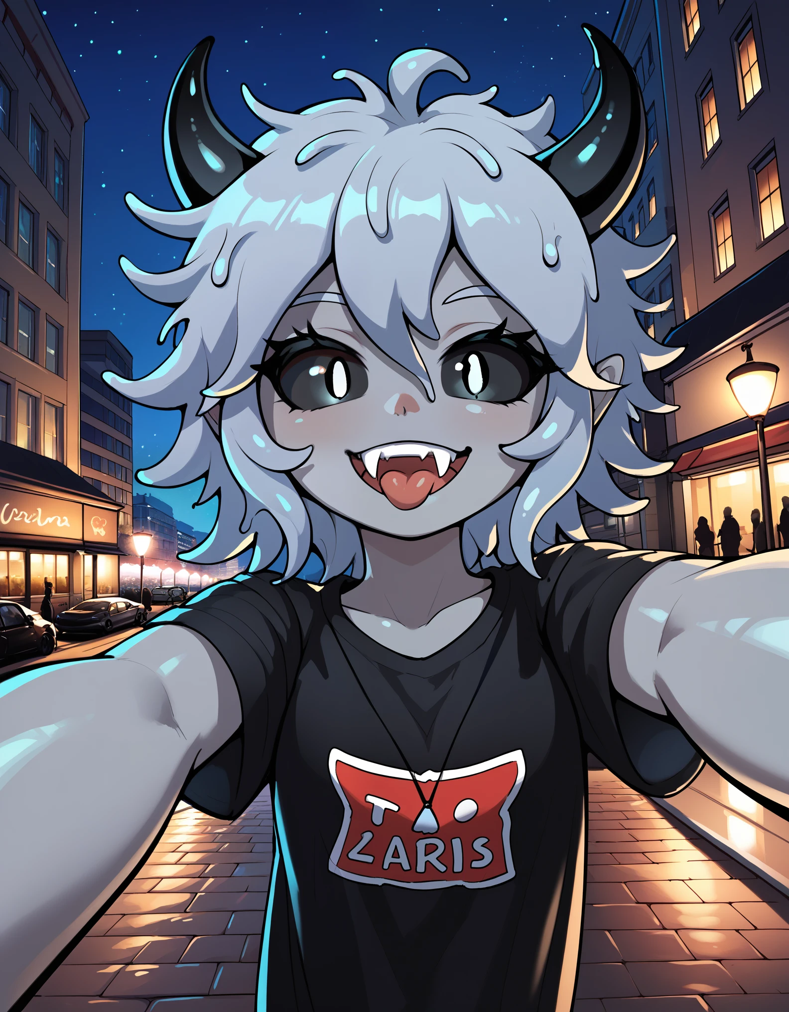 1girl, gray skin, slime girl, messy hair, hair spikes, horns, black eyes, black sclera, selfie, fangs, paris, outside, at night, france, detailed, dynamic, cute, black dress