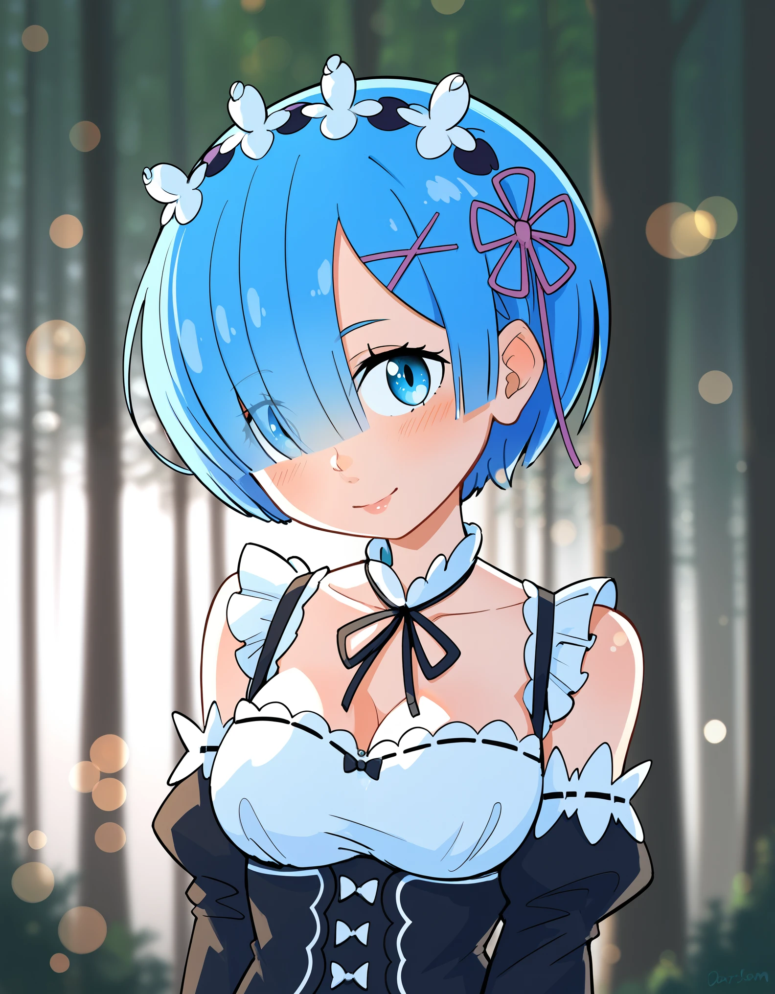 score_9, score_8_up, score_7_up, 1girl, ((rem, re zero, blue hair)), head tilt, portrait, forest, ((bokeh, blurred background))