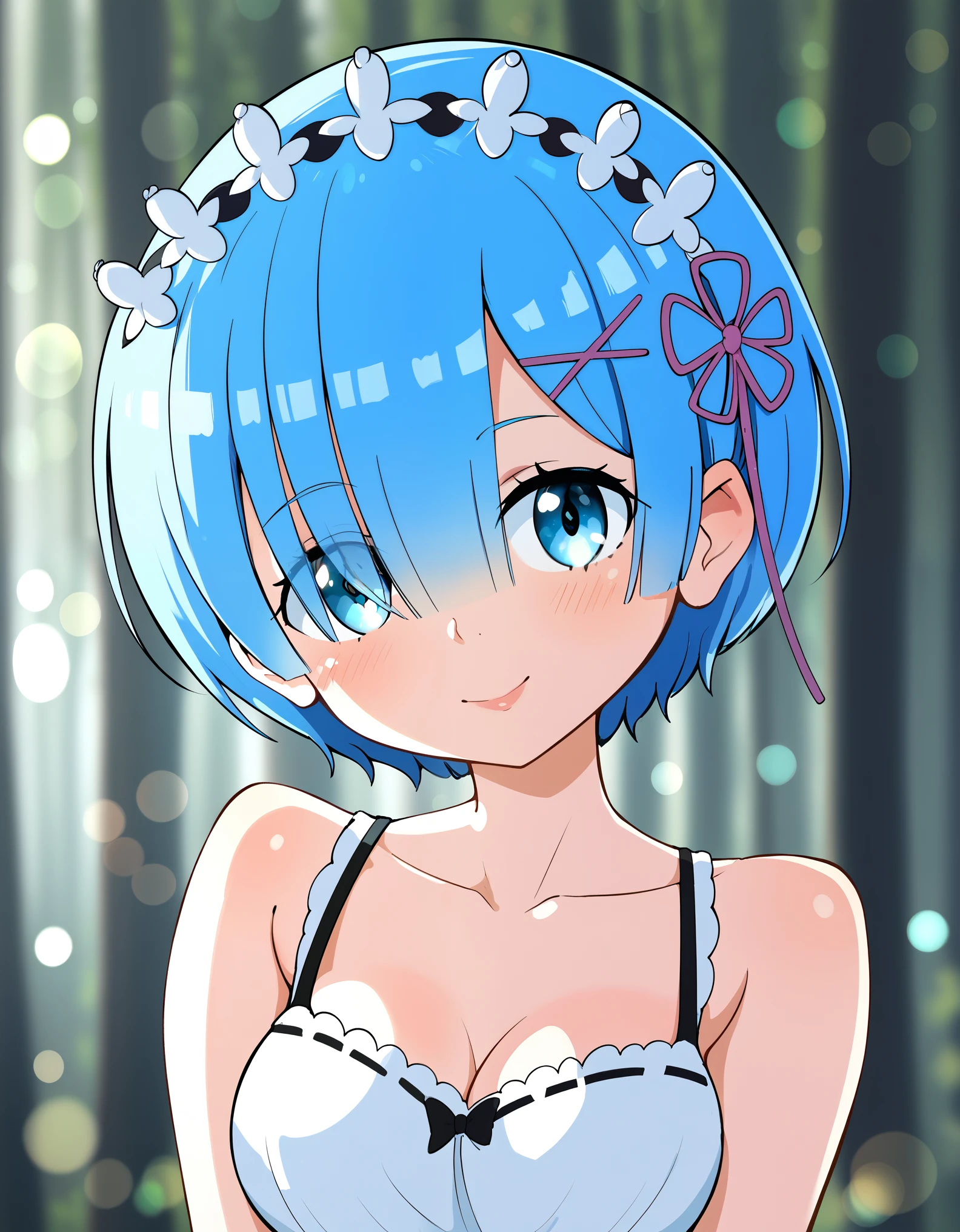 score_9, score_8_up, score_7_up, 1girl, ((rem, re zero, blue hair)), head tilt, portrait, forest, ((bokeh, blurred background))