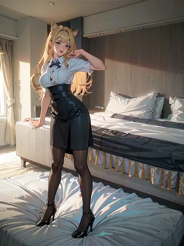 sexy secretary, (cat ear), (((heels on bed))), (((girl wear high heels and standing on bed))), (((big boobs))), (10cm pointy heels, pointy head heels), (best quality:1.4), (ultra highres:1.2), (photorealistic:1.4), (8k, RAW photo:1.2), (((stepping on magazines))),  a pair of ggx heels, (looking at viewer:1), (full body),  solo, long hair, blonde hair, (((half of heels sink into bed))), in hotal room, photoshooting, pantyhose, dancing on bed,  