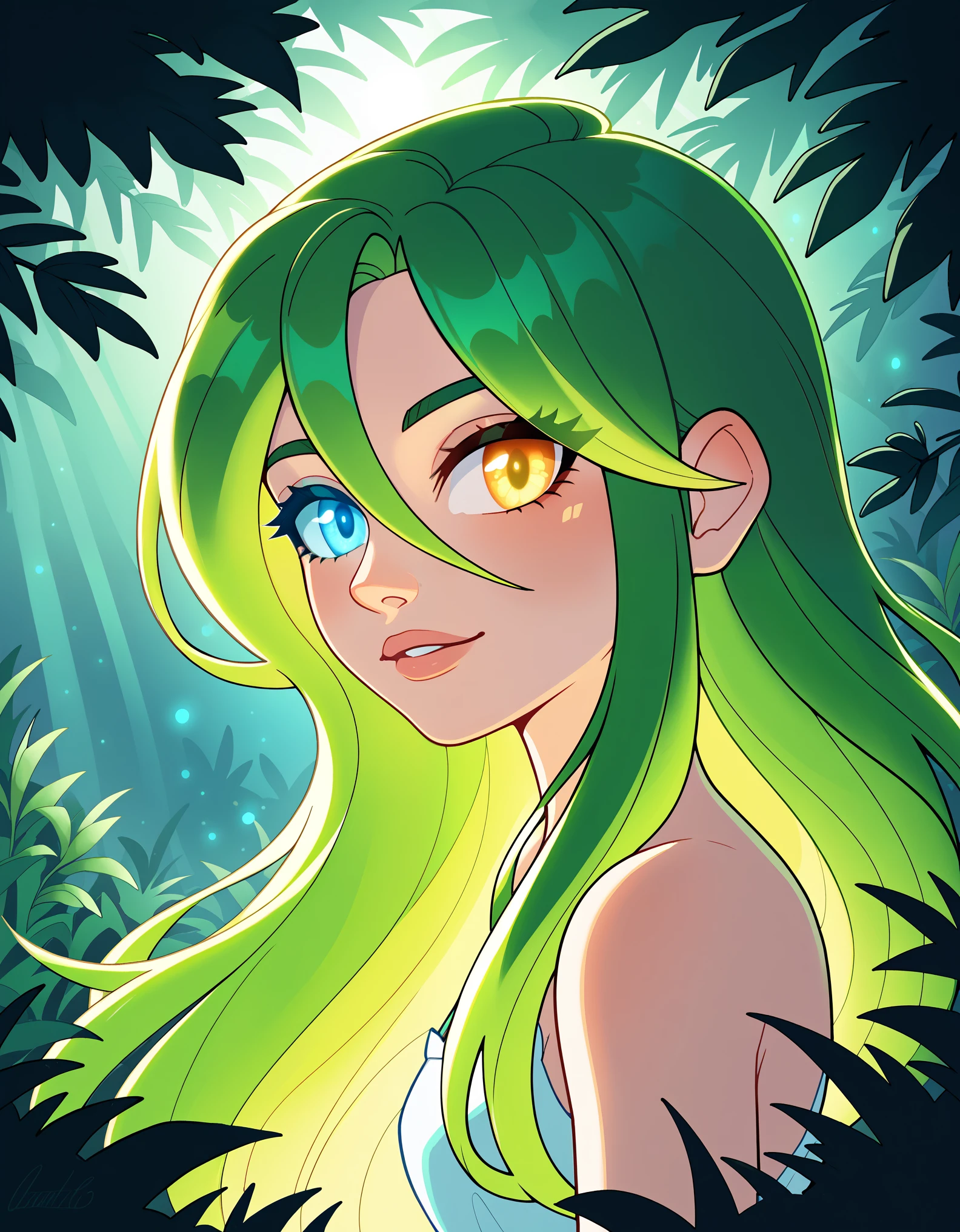 score_9, score_8_up, score_7_up,, Masterpiece, best quality, 1girl focus, close-up, long flowing green hair with soft golden highlights, glowing amber eyes, Heterochromia, gentle expression, delicate floral patterns on her skin, surrounded by soft sunlight filtering through trees, wildflowers blooming around her, lush forest background, breeze gently moving her hair, glowing fireflies floating around, serene and peaceful atmosphere, soft natural lighting on her face, ethereal beauty, calm expression, nature vibe, intricate lighting details, vibrant nature colors, 