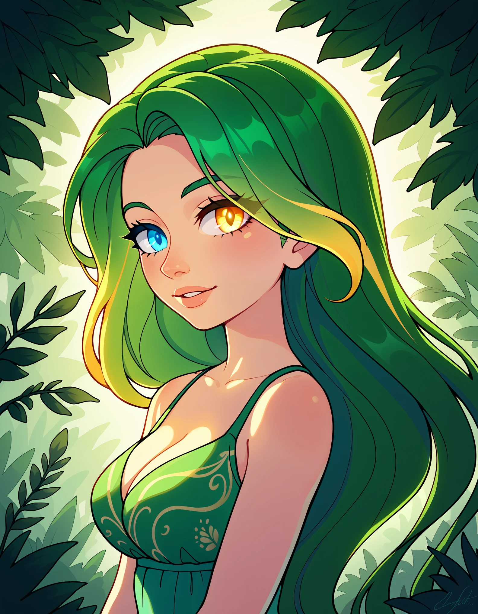 score_9, score_8_up, score_7_up,, Masterpiece, best quality, 1girl focus, close-up, long flowing green hair with soft golden highlights, glowing amber eyes, Heterochromia, gentle expression, delicate floral patterns on her skin, surrounded by soft sunlight filtering through trees, wildflowers blooming around her, lush forest background, breeze gently moving her hair, glowing fireflies floating around, serene and peaceful atmosphere, soft natural lighting on her face, ethereal beauty, calm expression, nature vibe, intricate lighting details, vibrant nature colors, 