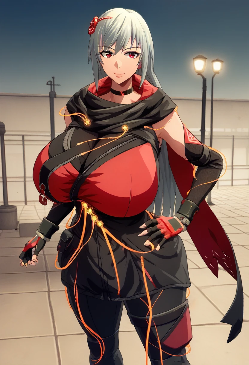 score_9, score_8_above, score_7_above, source_animated, BREAK 1girl,  looking at the viewer , smile,  hand on hip, DefKasane , long hair,  hair ornament , choker, black jacket, Gigantic breasts gigantic black scarf , red cape,  Separate sleeves , cables, red gloves,  fingerless gloves ,  black pants , al aire libre, sky, nube Big  Milf Thicc Hot Big Ass Curvilínea Cintura plana Milf ❤️‍🔥❤️‍🔥❤️‍🔥❤️‍🔥❤️‍🔥🔞🔞🔞🔞🥛🥛🥛🚺🚺💘💘💘 big ass