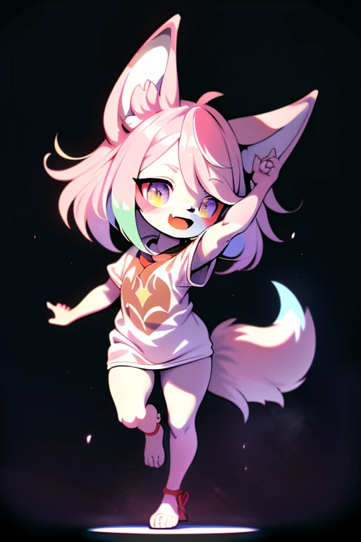 (cyberpunk style), ( masterpiece ,  high quality , better quality, 8k, high resolution), ((chibi style, Chibi cute)), (Alone, A girl  ), {fox girl, Fox Face, 2 fangs , long eyelashes, eyeliner} {fox mustaches }, ((( Fox skin all over the body,  fox stripes on the body , visible ears  ))), ((Long rainbow hair)), hair clip, [[hair clip Cyberpunk]], ((very happy)), ((open mouth)), [Rainbow pupil ], ((looking up)), ( Very small breasts ), thin arms, ( arm down), armpits, ((Mini T-shirt,  full white t-shirt )), {Calsa Legging brancos}, {{{ mini tiger tail ,  tail on the back }}}, (((Goal from above the body))), (((standing,  choppy heel angle ))),  dynamic pose , white background, simple background , (((( Tora-chan style on Hanayome )))), (( dazzling vivid color)), ANIME STYLE, Color of Mango .  masterpiece , perfect anatomy.