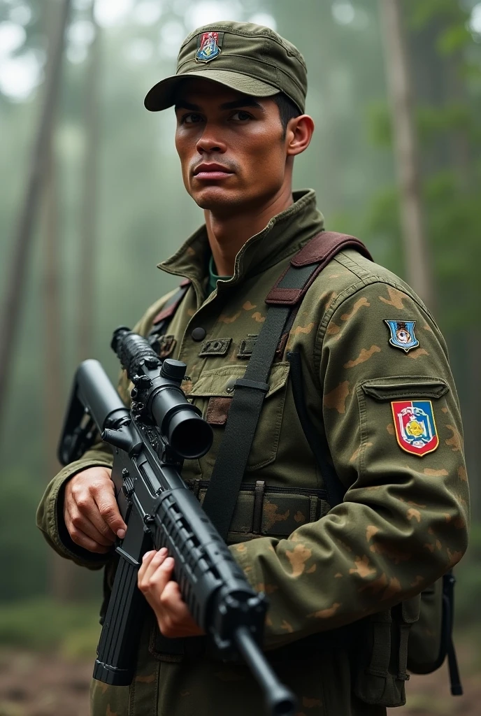  Cristiano Ronaldo wearing camouflaged Paraguayan military uniform, Paraguayan hat and rifle T65-K2 