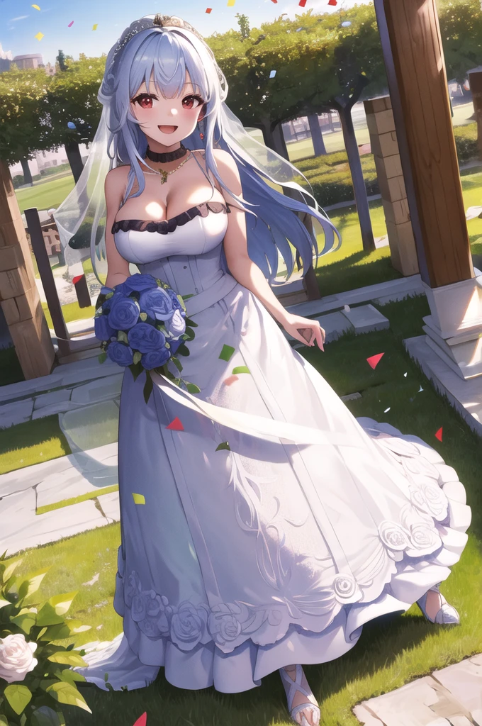 masterpiece, best quality, highres, hmhy, jewelry, large breasts, wedding dress, standing, garden, confetti, holding bouquet, smile, open mouth,