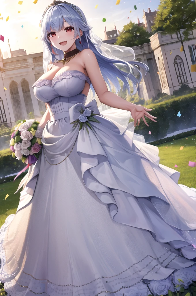 masterpiece, best quality, highres, hmhy, jewelry, large breasts, wedding dress, standing, garden, confetti, holding bouquet, smile, open mouth,