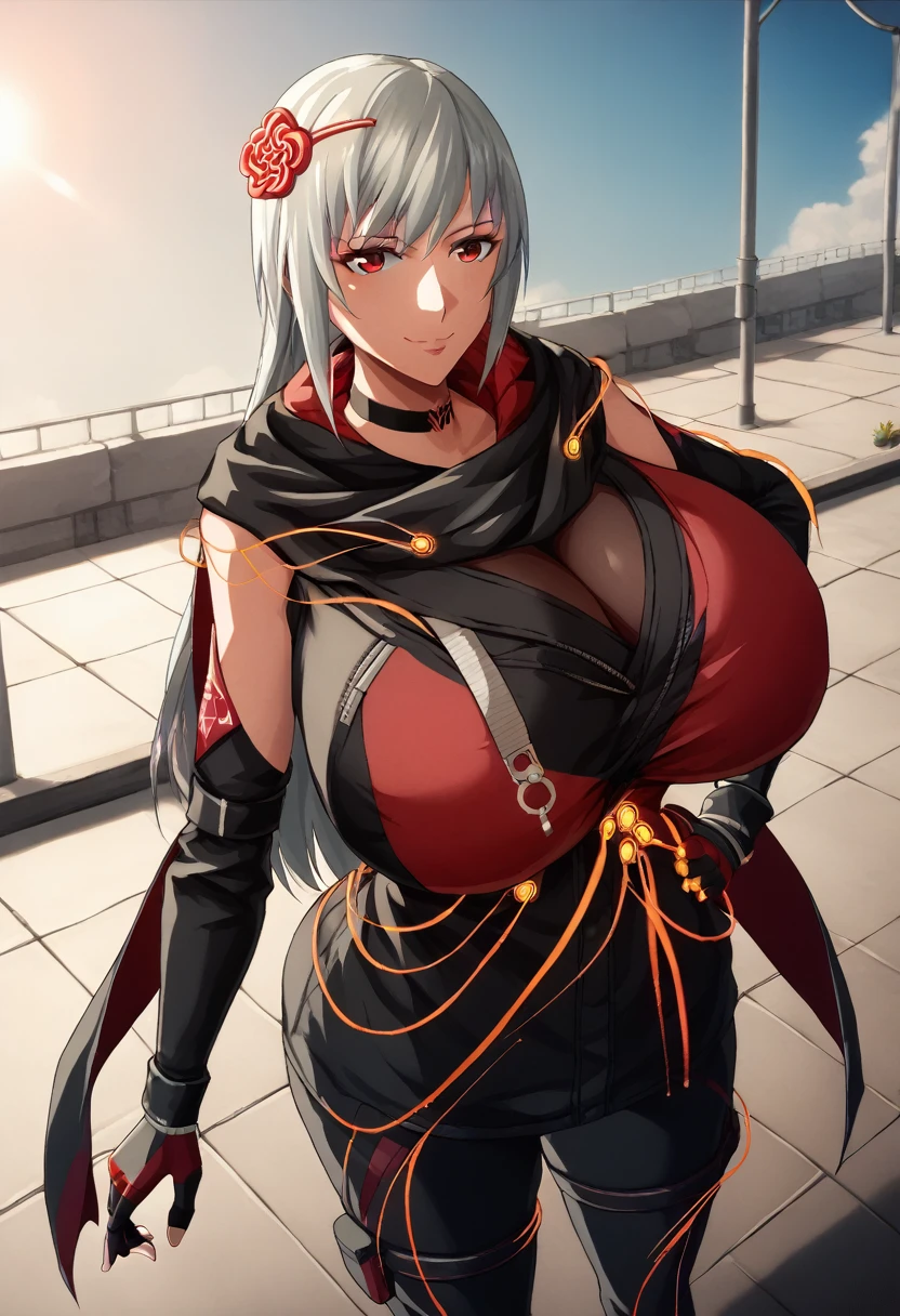 score_9, score_8_above, score_7_above, source_animated, BREAK 1girl,  looking at the viewer , smile,  hand on hip, DefKasane , long hair,  hair ornament , choker, black jacket, Gigantic breasts gigantic black scarf , red cape,  Separate sleeves , cables, red gloves,  fingerless gloves ,  black pants , al aire libre, sky, nube Big  Milf Thicc Hot Big Ass Curvilínea Cintura plana Milf ❤️‍🔥❤️‍🔥❤️‍🔥❤️‍🔥❤️‍🔥🔞🔞🔞🔞🥛🥛🥛🚺🚺💘💘💘 big Thicc Hot  ass