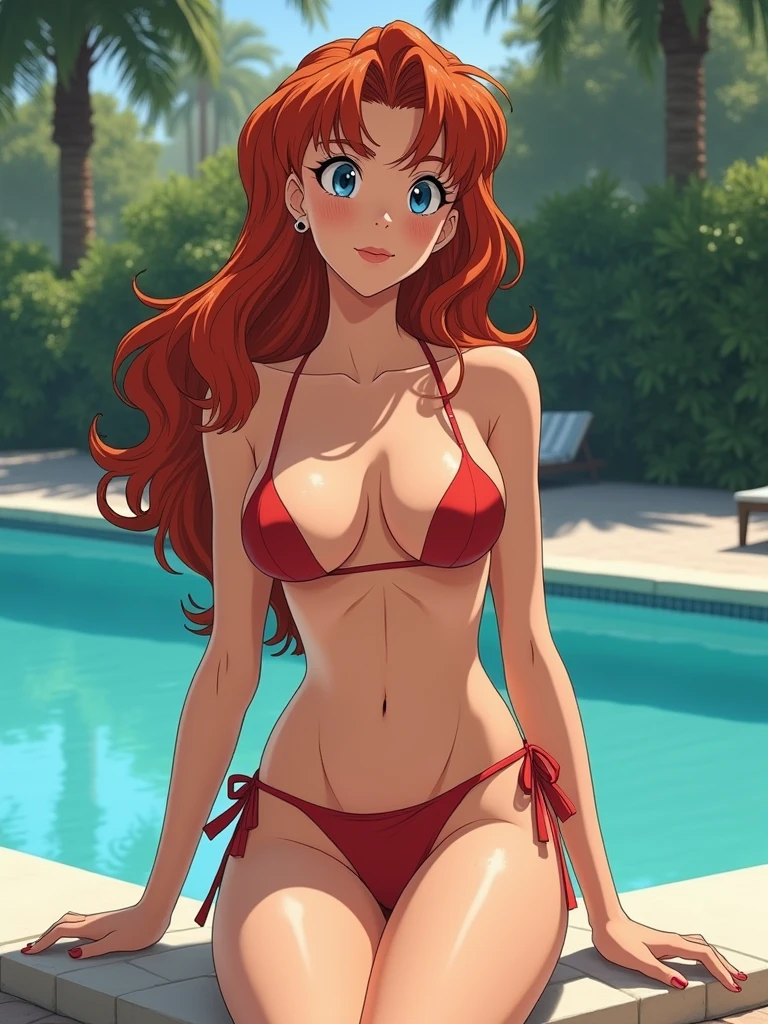 Beautiful red hair woman is shown to have a slender figure, she is wearing a nsfw bikini, sexy look, blue eyes, girl standing by the pool sexy session, sexy pose, exposed cleavage, cowboy shot, superior quality, many details, realistic