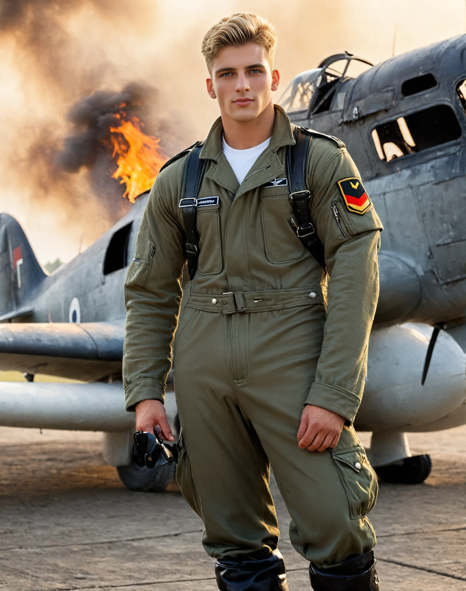 Full body picture, public image, a young military german pilot, 20 years old. He stands before a Messerschmitt fighter aircraft,  in an military air-field. There are burning building and fire around the place. He is very handsome, cute and self-confident. Dressed in a military officers cap, very tight, closed to the body, military jacket and very tight trousers with a huge bulge. Black boots. He is muscular, sexy, handsome, cute, blond, blue eyes and looks victorious.