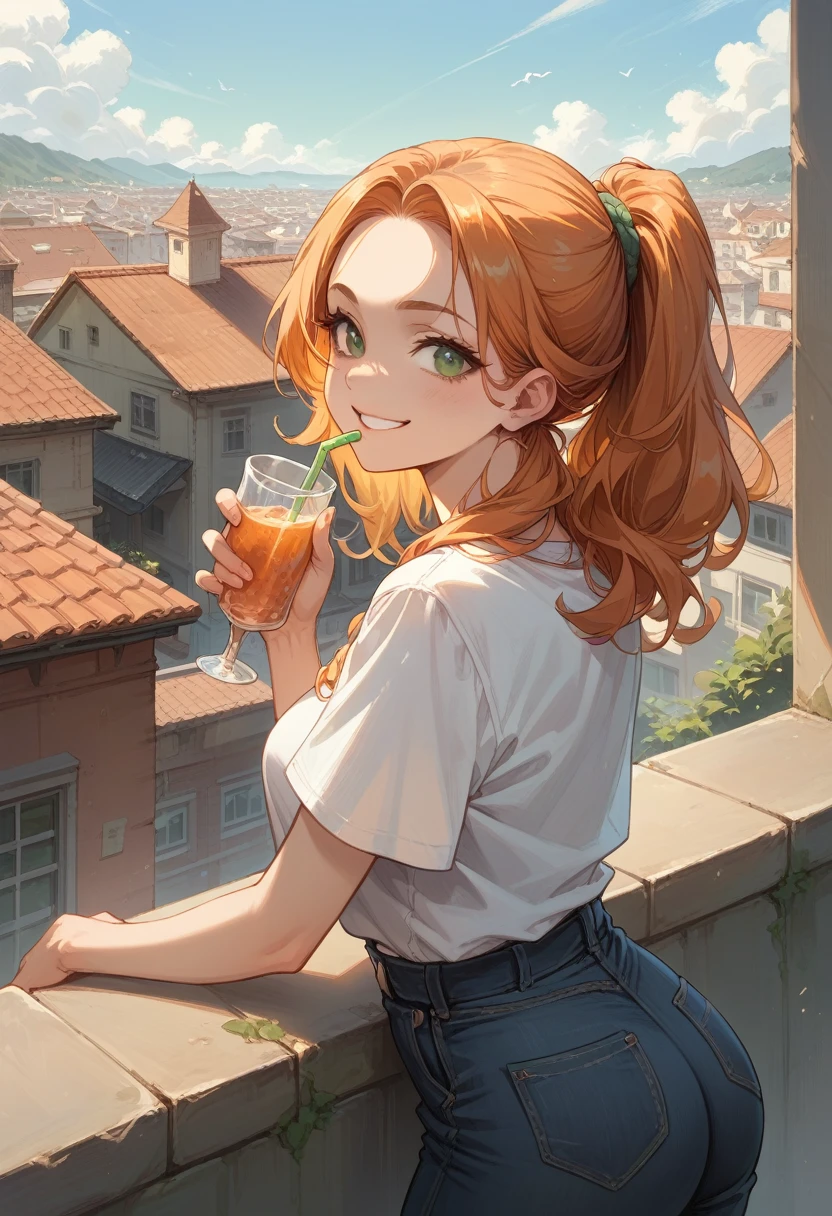 perfect face,   perfect hands . An orange-haired woman with green eyes and an hourglass figure in a conservative cowgirl costume is drinking on the roof of an old western city with a big smile.