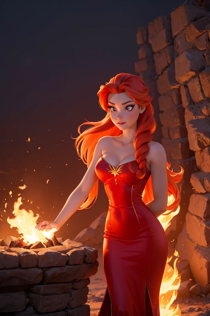 Slim  girl, curvy body,  girl, elsa frozen, fire, inferno, flame hair, hot, fire, holding fire ball, fire princess, trailer picture, dress in red fire inferno clothing, dress, light bright lit up fire hair, bright hair, red eyes, light hair, bright hair, gold hair, trailer picture movie type picture