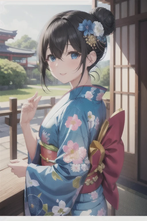 sagisawa fumika,  1 girl,  kimono, kimono, Alone,  blue eyes ,   hair flower ,  Hair Ornament, flower, smile, blue kimono,  watching viewers, Floral, Fortune slip, sash,  Black Hair ,  wide sleeve, Hair Bun, heart, single Hair Bun, Blurred background, , Blurred, holding, print kimono,  hair between eyes , bangs,  Long Sleeve , Change your color, chest, Blue Flower,  side lock,  upper body, 紙を持っている,  depth of field , Yukata