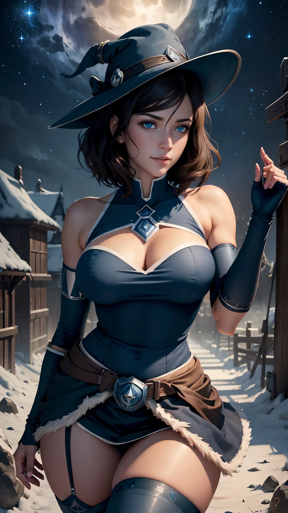 Korra da avatar,(best quality, 4K,8k,high resolution,work of art:1.2)(weather: moonlight), Halloween village background, pumpkin patch, wide hips, short curly hair, brown hair, freckles, dark magician girl dress, dark magician girl belt, fishnet stockings, dark magician girl boots, elbow long gloves, garter belt, dark magician girl hat, light makeup, dark eyeshadow, blush, sexy pose, glowing eyes, ultra detailed,portrait,realistic,beautiful detailed blue eyes, beautiful detailed lips,extremely detailed eye and face, long eyelashes,average, large breasts,flying hair,beaming smile, sexy smile, powerful girl, bright coloured, dramatic lighting, starry sky, magic sparkles,