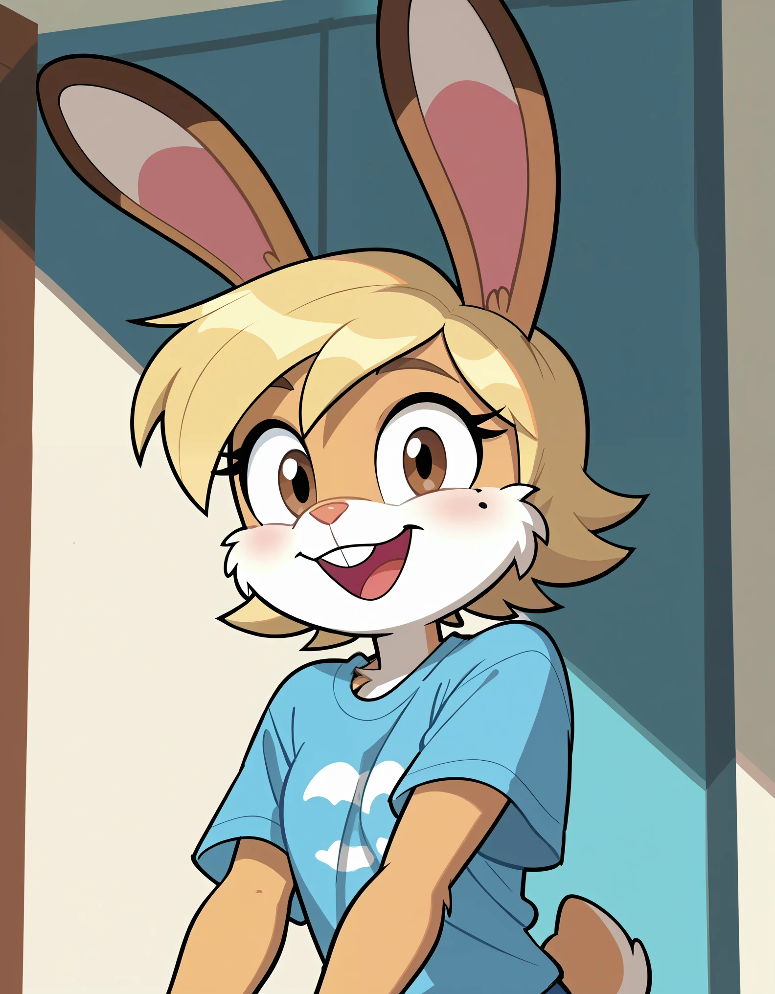 score_9, score_8_up, score_7_up, solo, lagomorph, furry, white fur, clothed, shoulder, solo, brown eyes, buck teeth, smile, shy, mole under eye, blonde hair, short hair, open mouth, blue oversized t-shirt, cel shading, toon, cartoon screencap