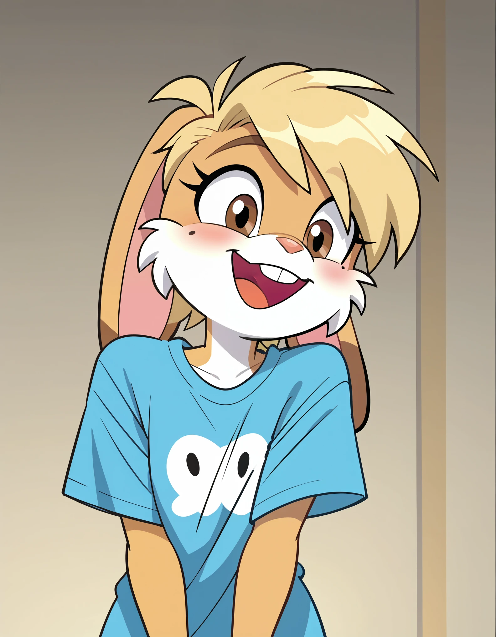 score_9, score_8_up, score_7_up, solo, lagomorph, furry, white fur, clothed, shoulder, solo, brown eyes, buck teeth, smile, shy, mole under eye, blonde hair, short hair, open mouth, blue oversized t-shirt, cel shading, toon, cartoon screencap