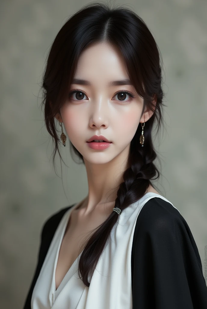 office uniform, amazing lighting, cinematic lighting,
((SFW)), (best quality, masterpiece:1.4), absurdres, ultra-detailed CG, 8k, high detailed, beautiful face, detailed face, 1girl, solo ,braid, toned, shiny skin, head tilt, standing still, ((grey background)), bloom, light particles, depth of field,
