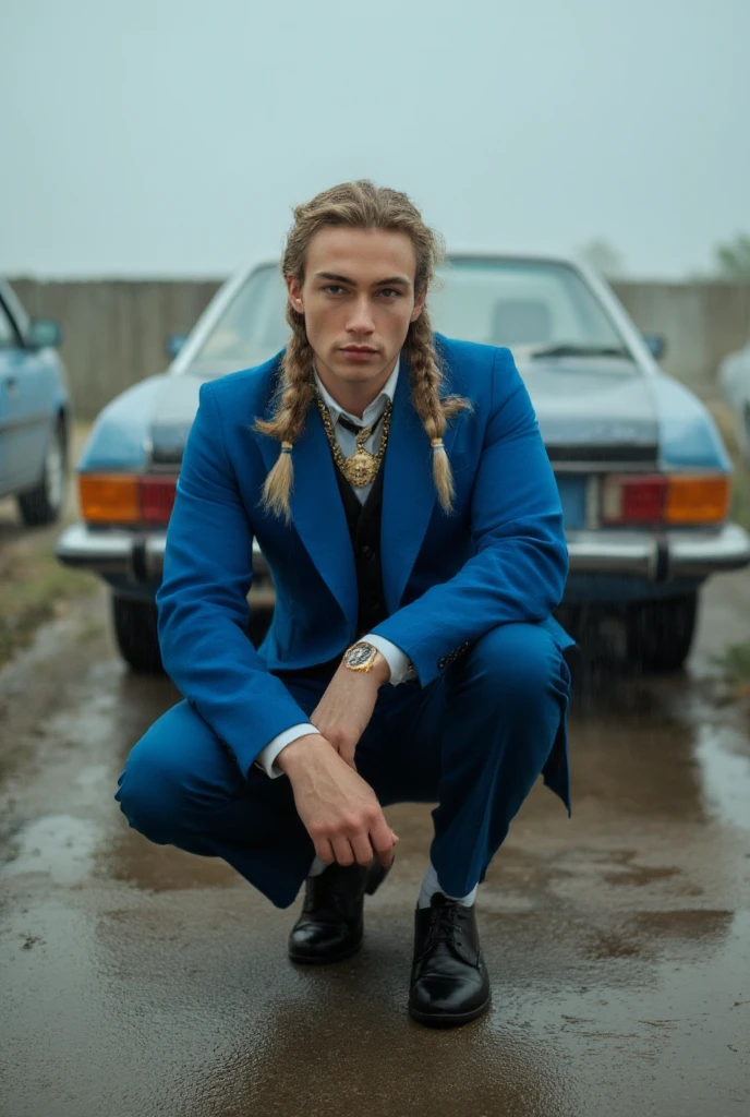 portrait photography of a fit middle aged man as a ((warlock)) with ((french braids)) In romantic attire,  featuring soft fabrics and feminine silhouettes,  dressed in blue train conductor uniform,  hat,  vintage car,  car wash setting,  soapy water,  overcast sky,  crouching,  looking forward,  left hand on ground,  right arm resting on leg,  eye-level shot,  natural lighting,  shallow depth of field,  within the virtual realms of a digital utopia,  surrealism,  rule of thirds,  (high angle:1.4),  shot on Canon EOS 90D with Canon EF-S 18-135mm f-3.5-5.6 IS USM,  photo by Guy Bourdin 