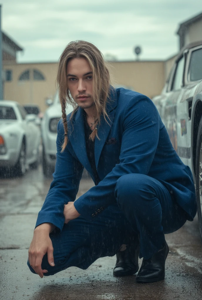 portrait photography of a fit middle aged man as a ((warlock)) with ((french braids)) In romantic attire,  featuring soft fabrics and feminine silhouettes,  dressed in blue train conductor uniform,  hat,  vintage car,  car wash setting,  soapy water,  overcast sky,  crouching,  looking forward,  left hand on ground,  right arm resting on leg,  eye-level shot,  natural lighting,  shallow depth of field,  within the virtual realms of a digital utopia,  surrealism,  rule of thirds,  (high angle:1.4),  shot on Canon EOS 90D with Canon EF-S 18-135mm f-3.5-5.6 IS USM,  photo by Guy Bourdin 