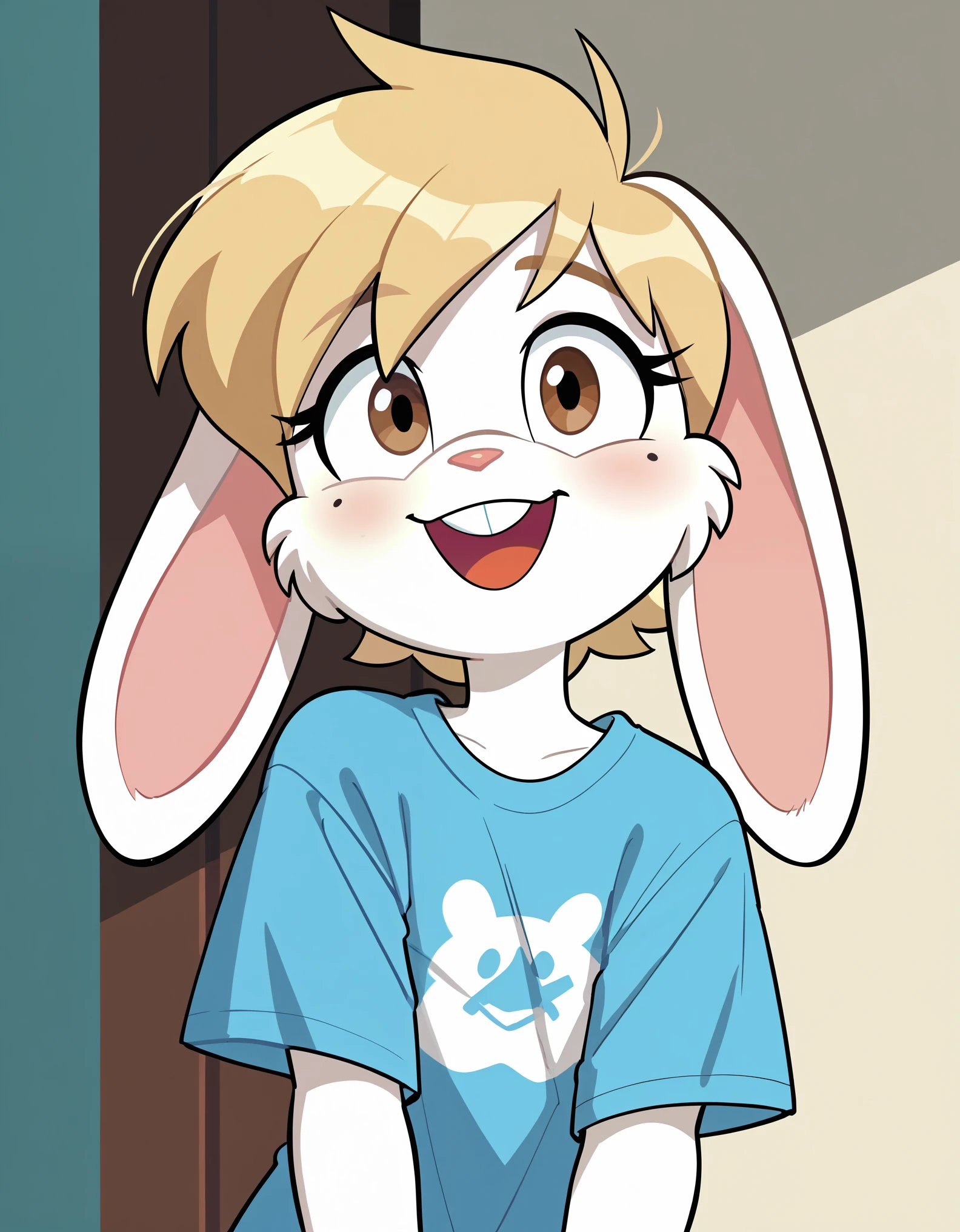 score_9, score_8_up, score_7_up, solo, lagomorph, furry, white fur, clothed, shoulder, solo, brown eyes, buck teeth, smile, shy, mole under eye, blonde hair, short hair, open mouth, blue oversized t-shirt, cel shading, toon, cartoon screencap