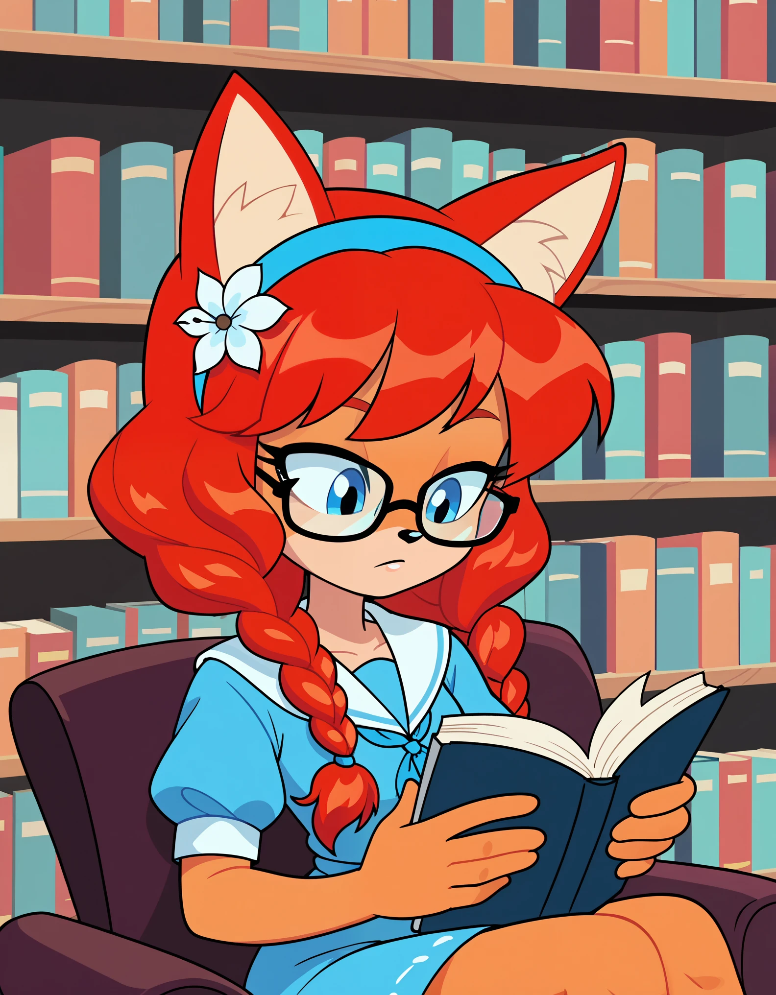 score_9, score_8_up, score_7_up, solo, fox girl, blue eyes, red hair, wavy hair, braided pigtails, hairband, hair flower, glasses, animal ears, orange fur, dress, white sailor collar, library, reading, cel shading, toon, cartoon screencap