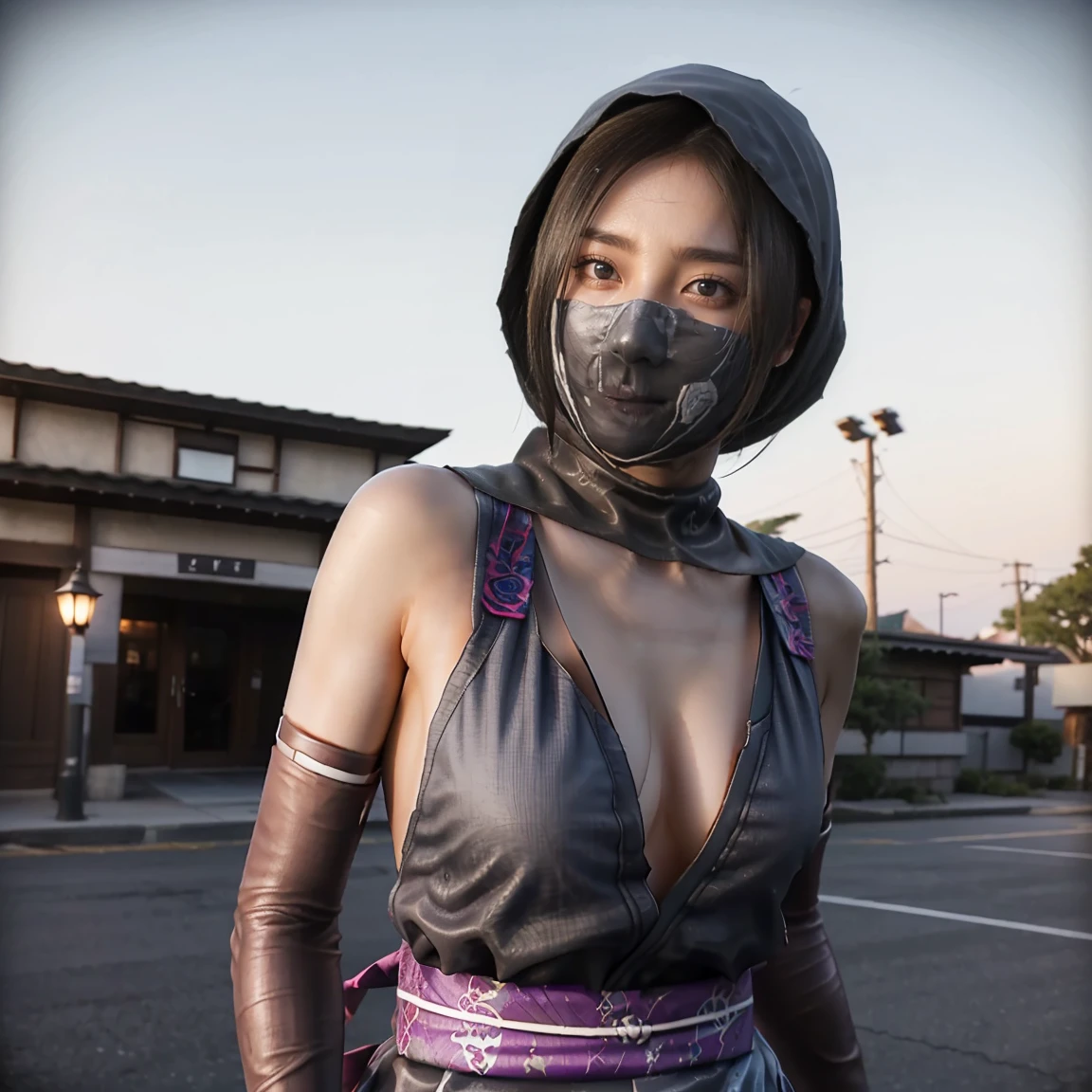 ((whole body)),(RAW shooting,  photorealistic:1.5, 8k, Best Quality, masterpiece,  super high resolution  ), Sengoku, thing, Products rampaging everywhere:1.3,  Perfect Dynamic Composition :1.2,  high definition skin and face texture:1.2, Slim female ninja captured:1.3、((Sexy Actresses :1.4)),Hands tied behind her back:1.2, beautiful、Midea, Cute and sexy beauty,  perfect style:1.2, beautiful指輪を身につける, , water, wind, thunder, ice,  white skin, とてもbeautiful顔, 輝く white skin, (Center of chest), A faint smile, (Sexy ragged ninja outfit with holes in it、Tattered Ninja Clothing:1.2、Take off your clothes), Sleeveless、Outside the shoulder、 ( beautiful青い目 ), ( charming:1.3),  cowboy shot, No mask, Ninjitsu pose,  neon light, Ninjutsu Style, Magic Light, Chakra Light, aura