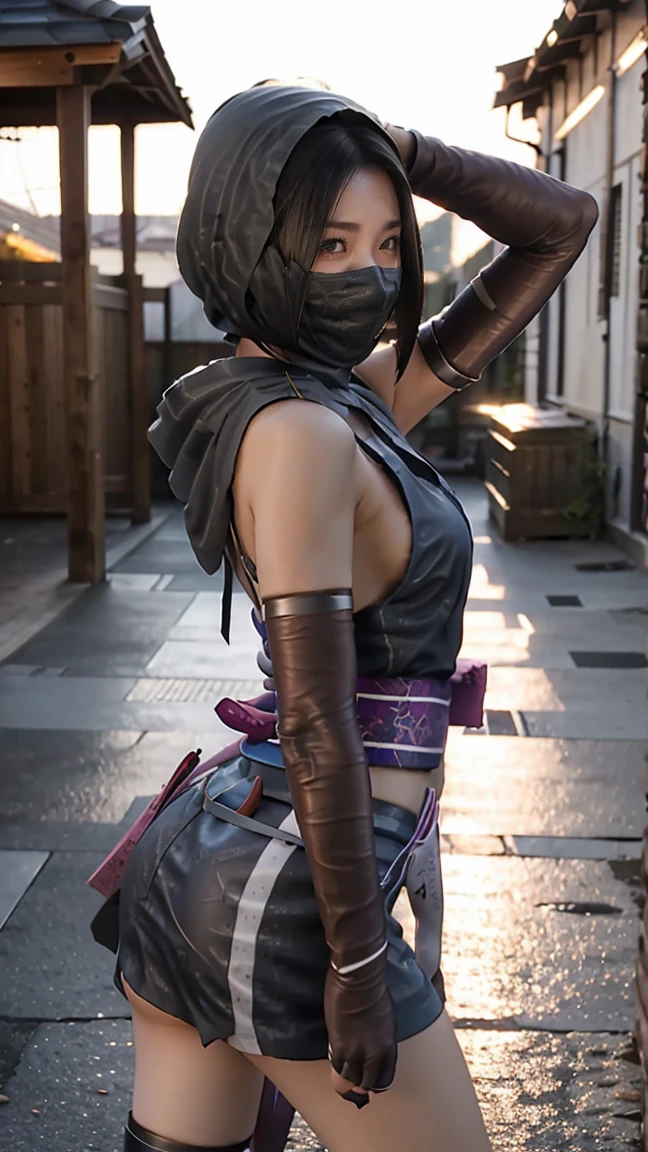 ((whole body)),(RAW shooting,  photorealistic:1.5, 8k, Best Quality, masterpiece,  super high resolution  ), Sengoku, thing, Products rampaging everywhere:1.3,  Perfect Dynamic Composition :1.2,  high definition skin and face texture:1.2, Slim female ninja captured:1.3、((Sexy Actresses :1.4)),Hands tied behind her back:1.2, beautiful、Midea, Cute and sexy beauty,  perfect style:1.2, beautiful指輪を身につける, , water, wind, thunder, ice,  white skin, とてもbeautiful顔, 輝く white skin, (Center of chest), A faint smile, (Sexy ragged ninja outfit with holes in it、Tattered Ninja Clothing:1.2、Take off your clothes), Sleeveless、Outside the shoulder、 ( beautiful青い目 ), ( charming:1.3),  cowboy shot, No mask, Ninjitsu pose,  neon light, Ninjutsu Style, Magic Light, Chakra Light, aura