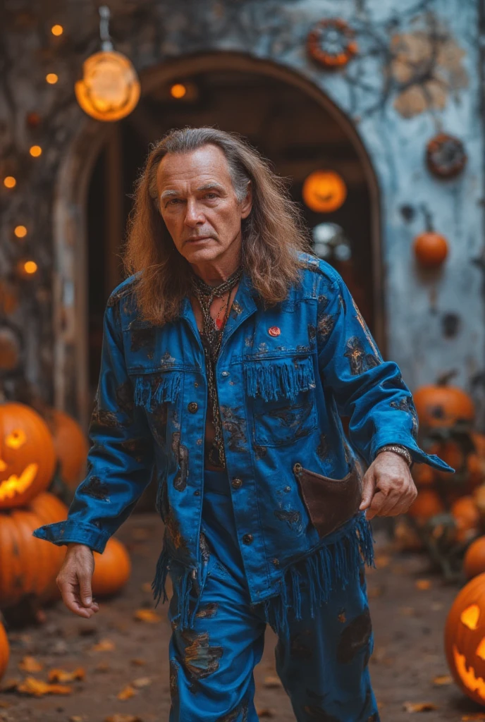 action photography of a fit old man as a ((alien linguist)) with ((layered cut haircut)) In bohemian attire,  embodying the free spirits with patterns and fringes,  dressed in blue coast guard uniform,  grey walls,  pumpkin decorations,  lit jack-o'-lantern,  indoor setting,  halloween theme,  Sitting down,  slightly leaned forward,  direct gaze,  close-up,  eye-level,  shallow depth of field,  inside a crystal cavern,  majestically strides forward toward us with abandon,  vivid colors,  (bilaterally symmetrical:1.1),  shot on Canon EOS-1D X Mark III with Canon EF 50mm f-1.2L,  photo by Mathew Brady 